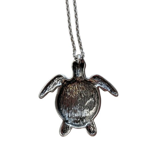 Sea Turtle Necklace Aqua Enamel AB Crystal Rhinestones Shiny Silver Tone - Picture 4 of 10